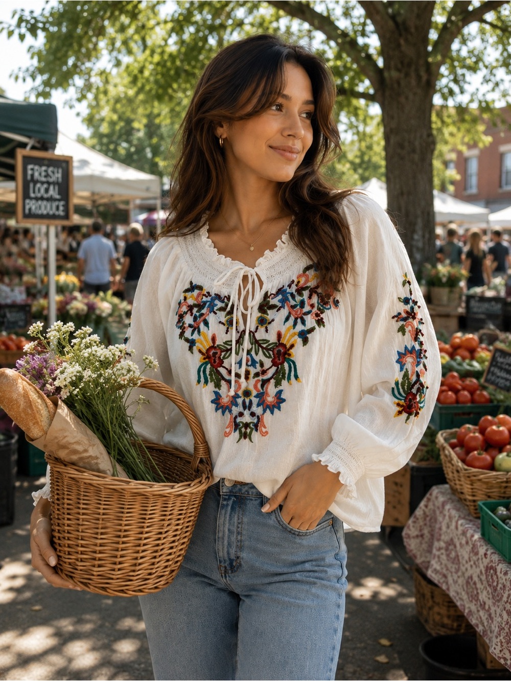 Embroidered Peasant Blouse - White